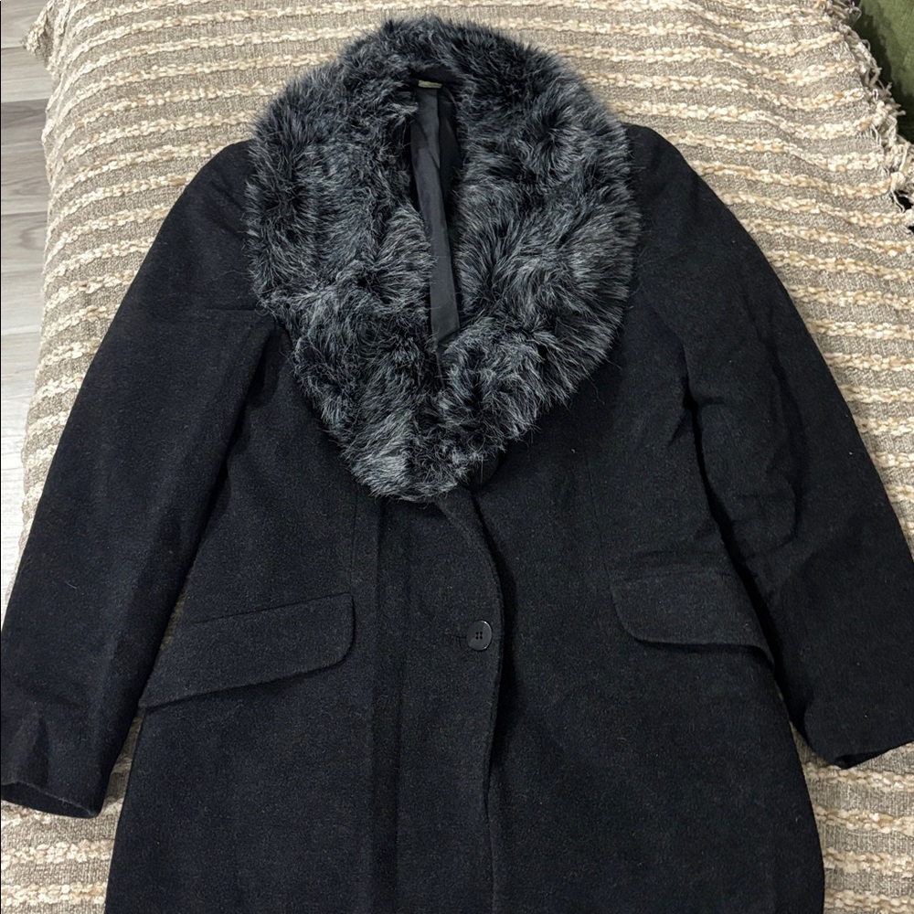 Nuage Faux Fur Collar Wool Cashmere Blend Charcoal Overcoat Size‎ 10